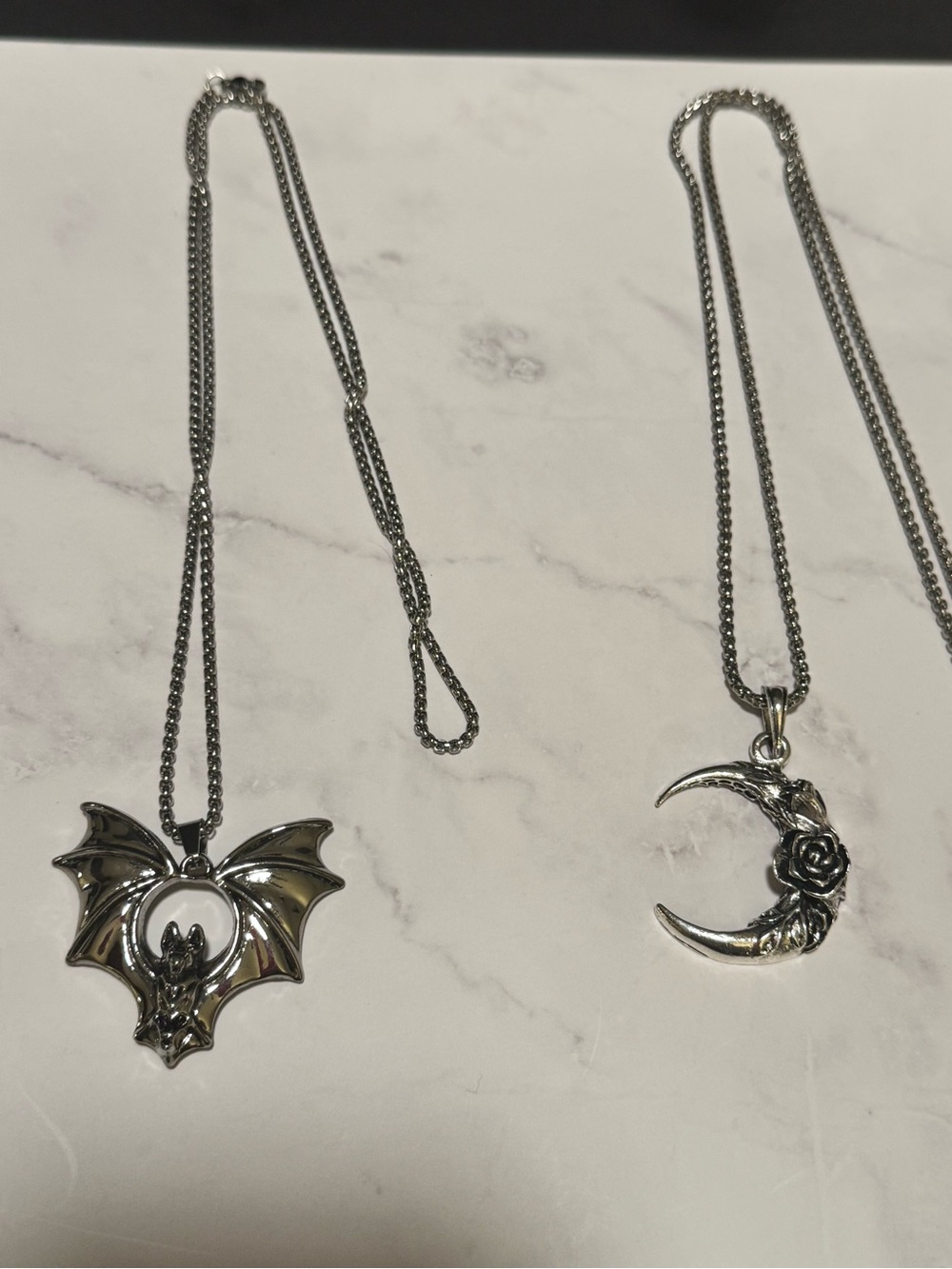 Gothic bat and Crescent Moon rose necklaces